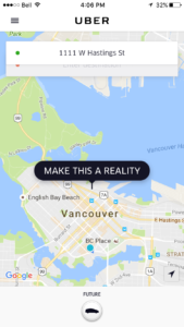 Screen capture of Uber app when trying to use it in Vancouver