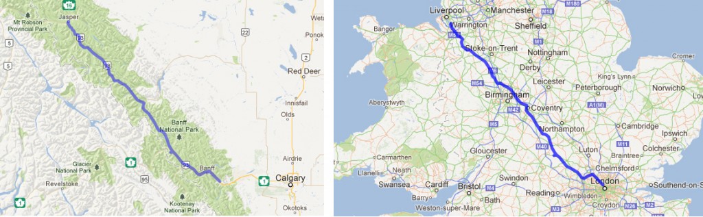 Canmore to Jasper is the same distance as London to Liverpool
