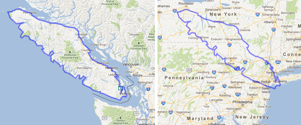 Vancouver Island's size compared to New York