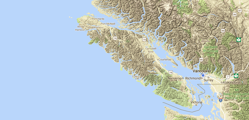 Topographic map of Vancouver Island, British Columbia, Canada